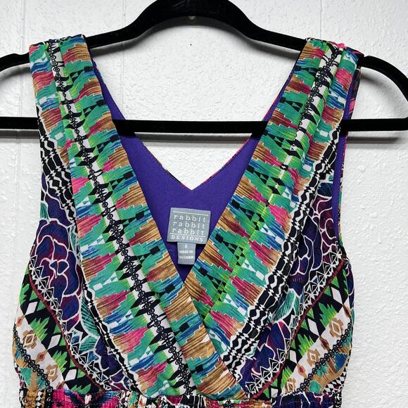 Rabbit Vintage Handkerchief Dress Womens 6 Empire Smocked Waist Artsy Festival - Picture 4 of 15